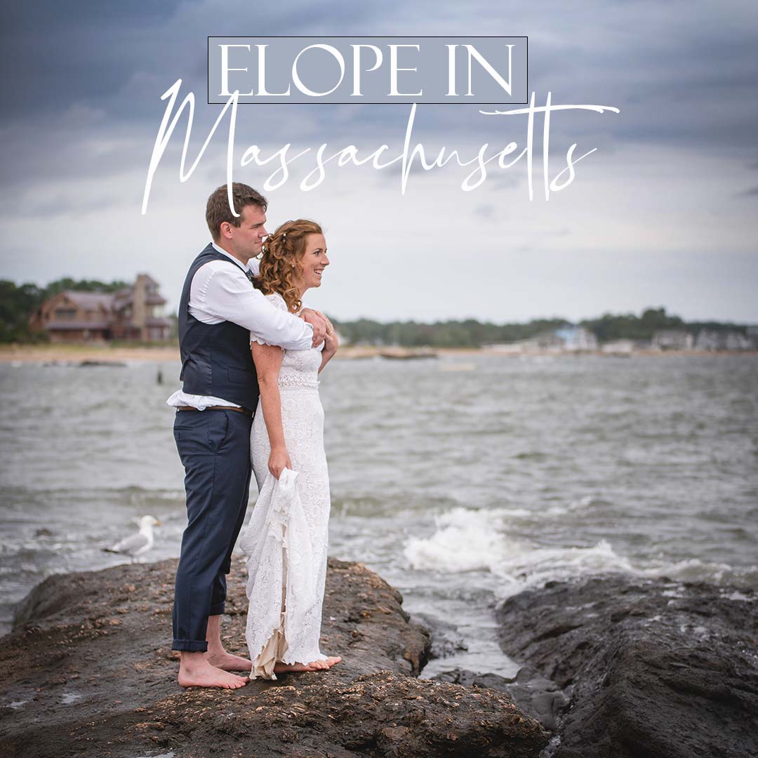 graphic for how to elope in Massachusetts with couple on rocky beach