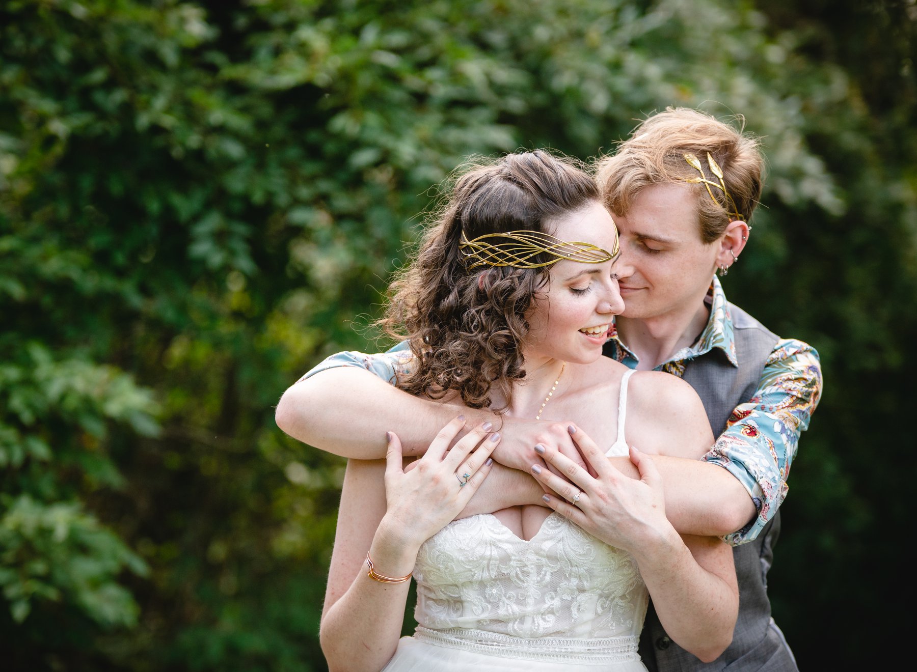 bride and groom at intimate backyard wedding