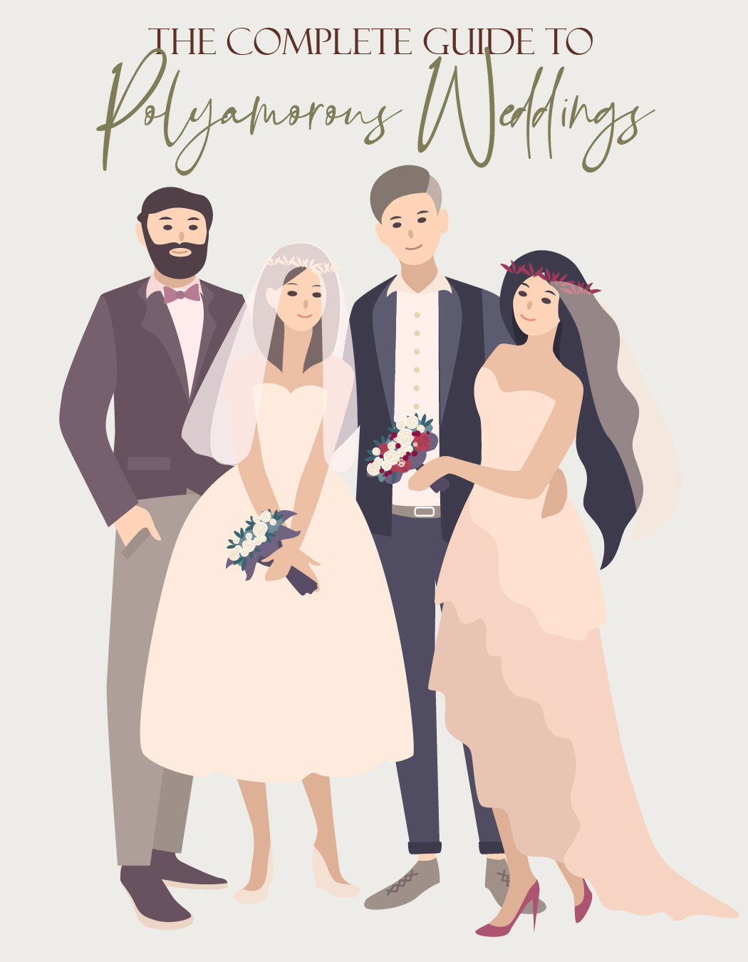 graphic of "the Complete Guide to Polyamorous Weddings" with two brides and two grooms illustrated