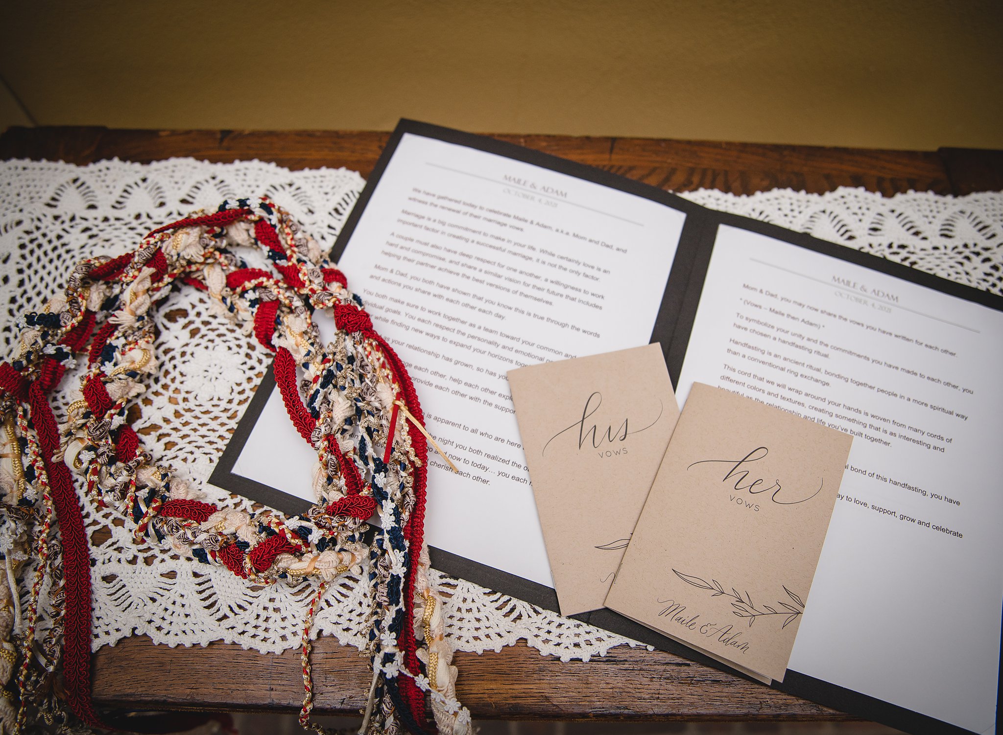 wedding ceremony script, vow books and handfasting cord